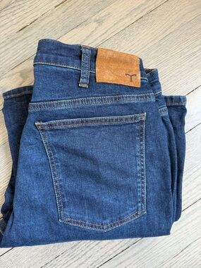 Tecovas Dark Blue Bootcut Jeans with Brown Leather Patch